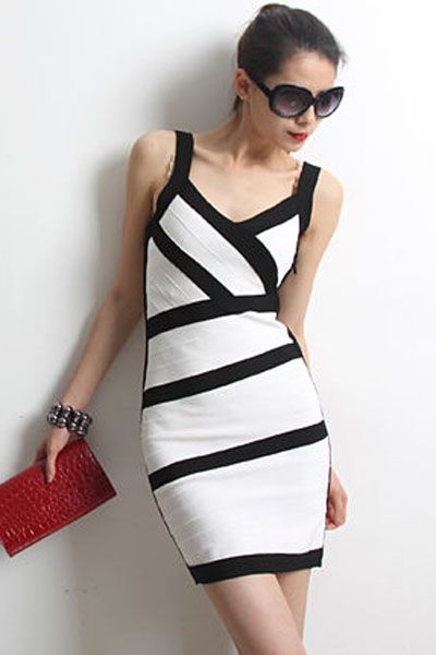 Robe de cocktail en rayonne noir et blanche Hervé Léger de taille 38/40 