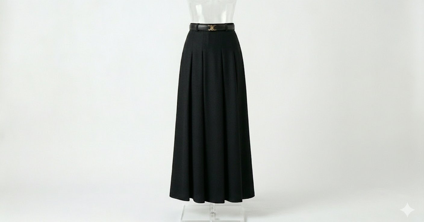 Une jupe noir longue évasé avec une ceinture Celine 