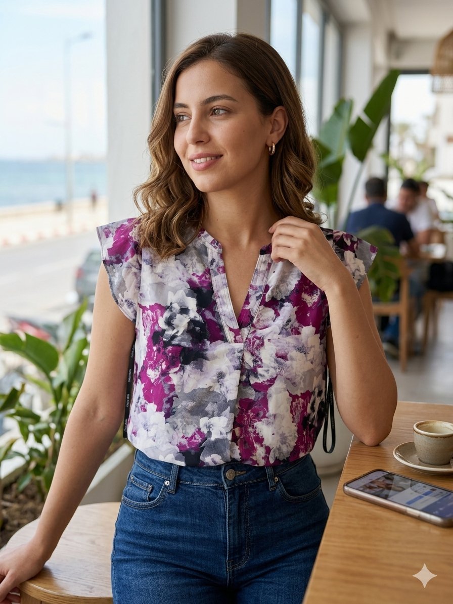 Blouse fleurie Calvin Klein – Manches à volants – Taille L – Très bon état ✨