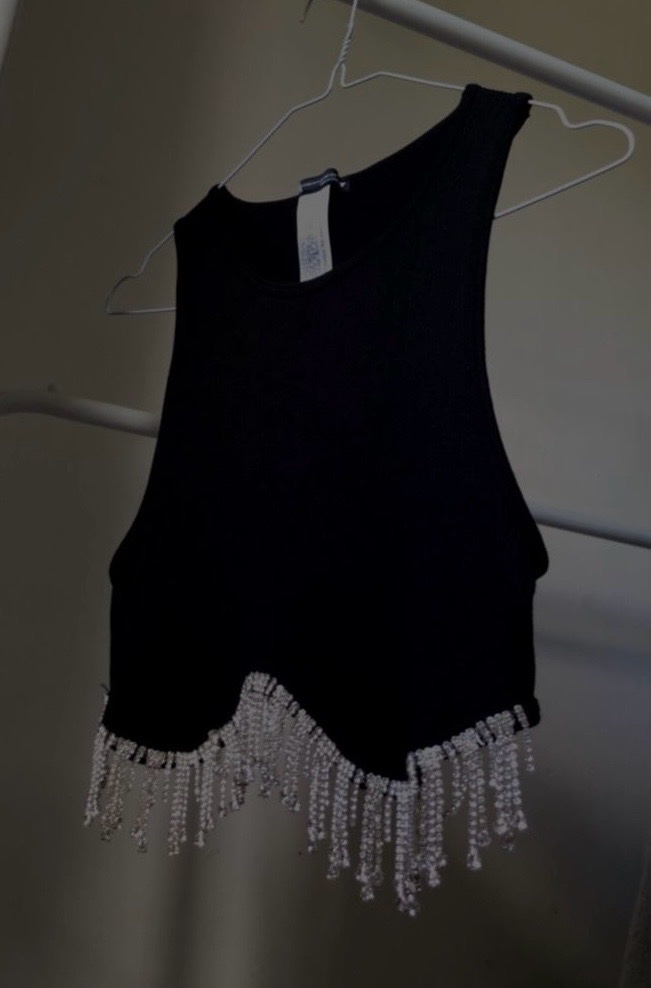Seamless Crop Rhinestone Fringe Top Noir