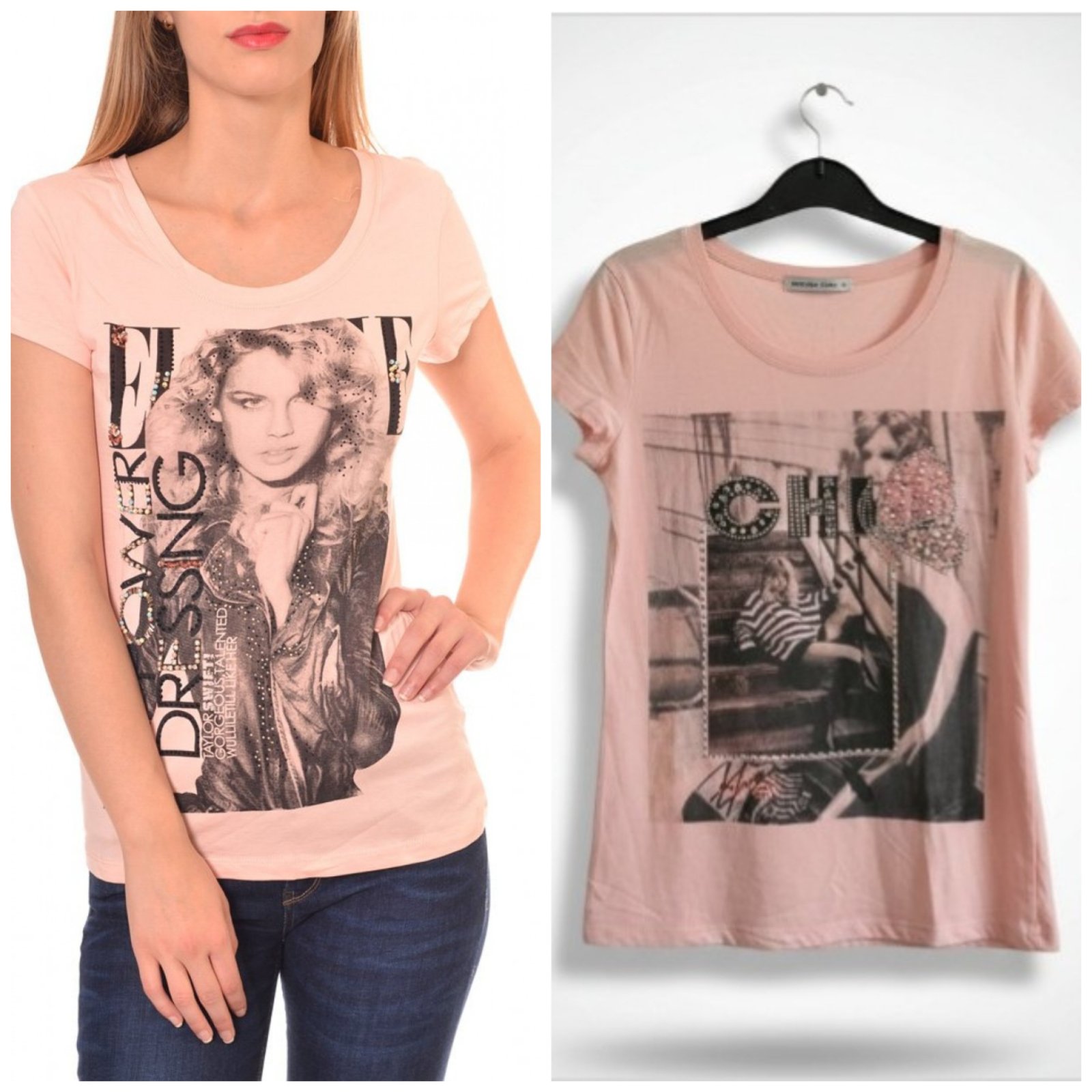 T-shirt rose avec des détails en strass 