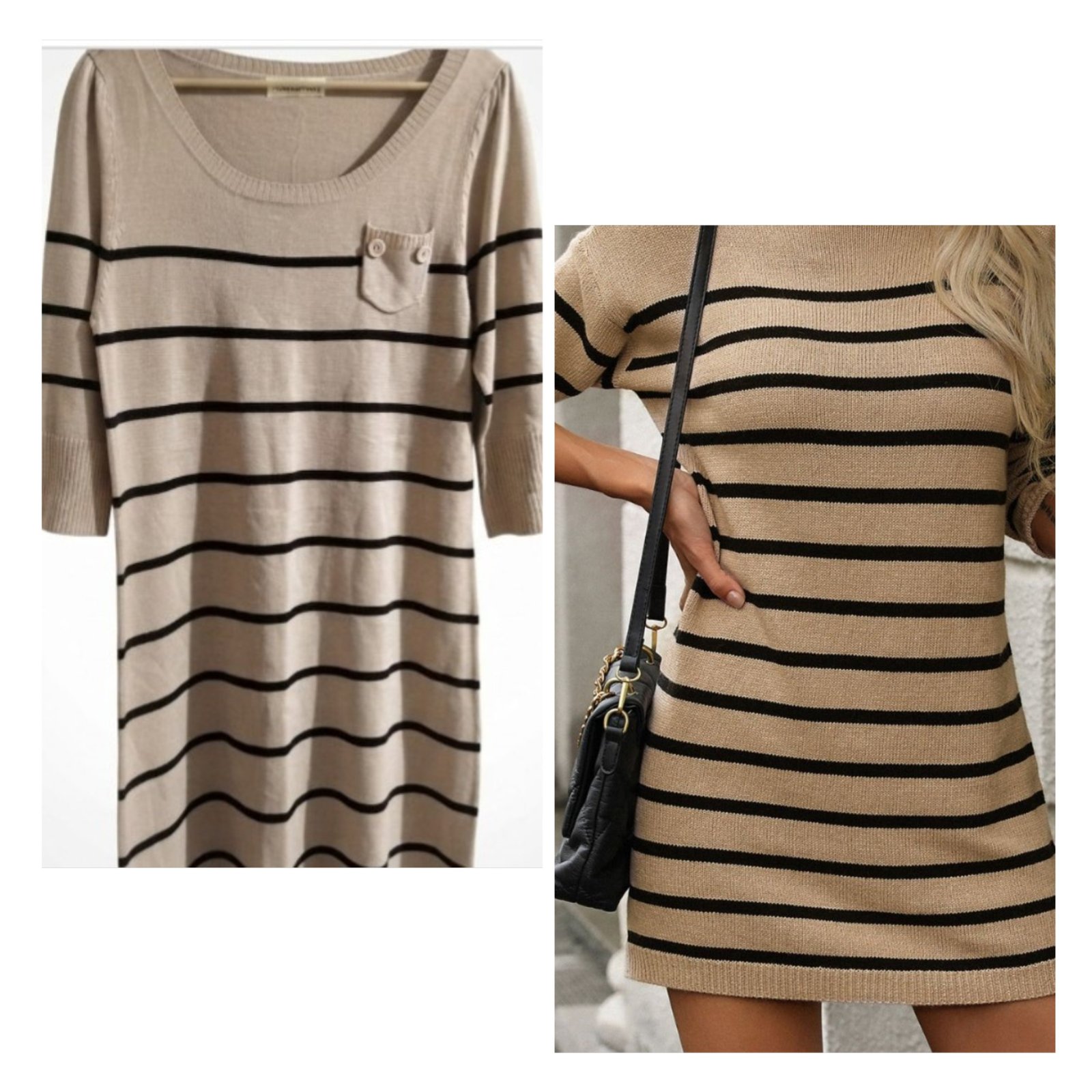 Robe-pull rayée beige et noir 