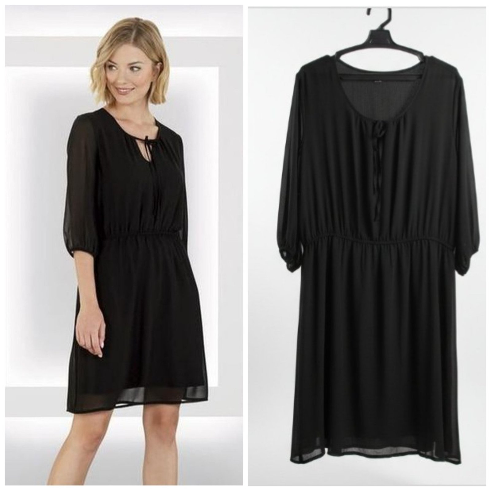 Robe noire présente un design léger en mousseline avec des manches trois -quarts