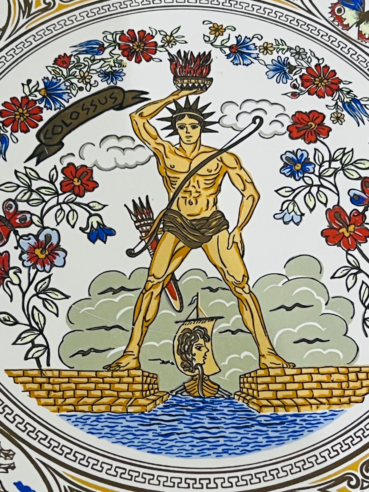 Assiette décorative grecque vintage - Colosse de Rhodes Design - Fait à la main par Savvas