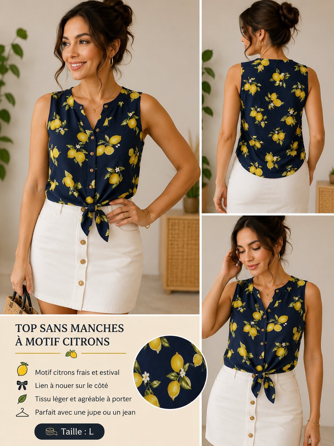🍋 Chemise Top sans manches à motif citrons 