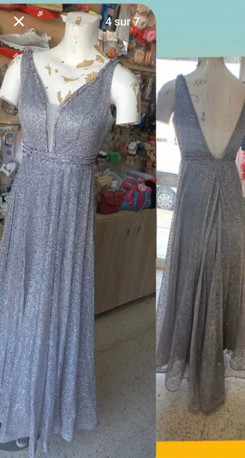 Robe soirée pailletée en argent 