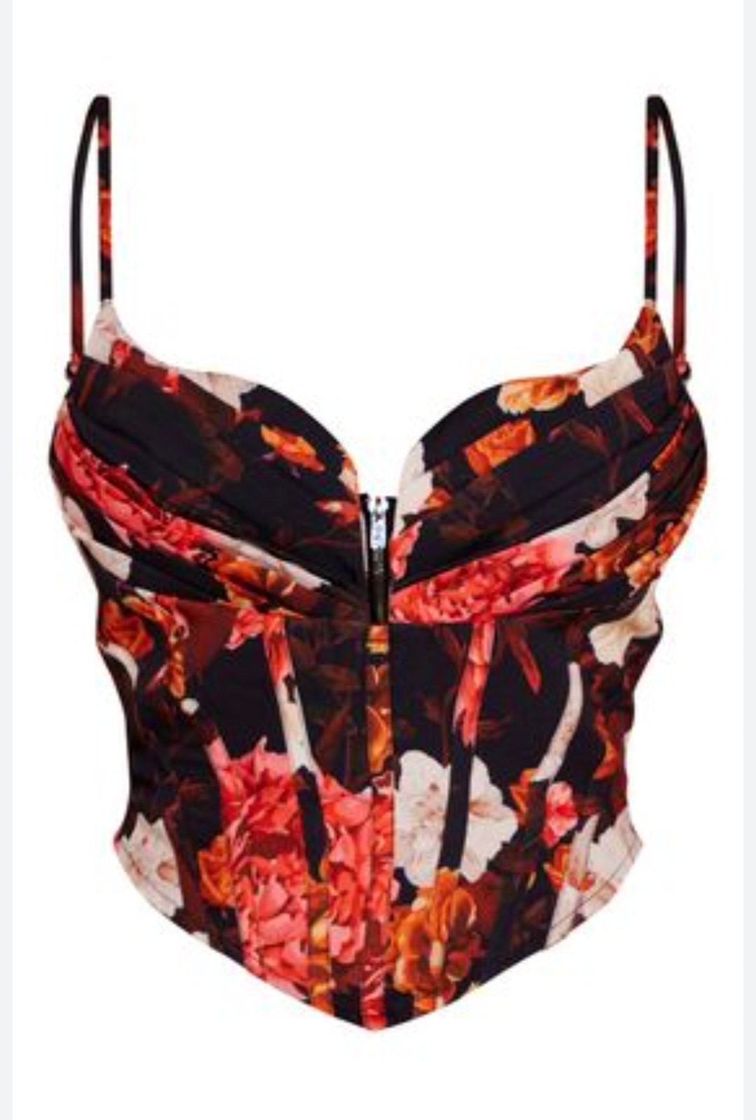 Haut corset PrettyLittleThing arbore un imprimé floral multicolore sur fond noir et possède un décolleté plongeant avec une fermeture éclair.