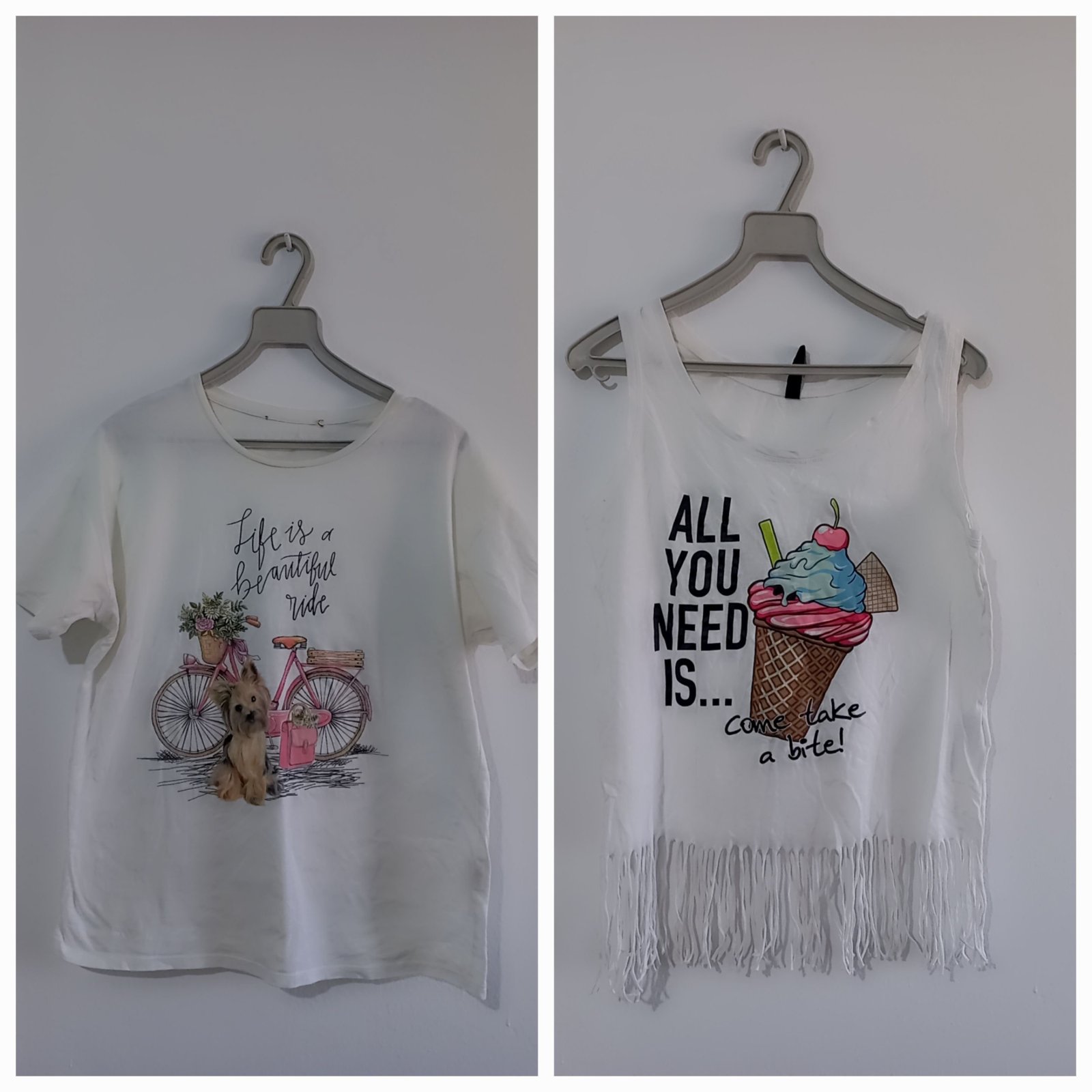 Lot de 2  t-shirt blanc en coton présente un imprimé coloré de vélo avec un panier de fleurs