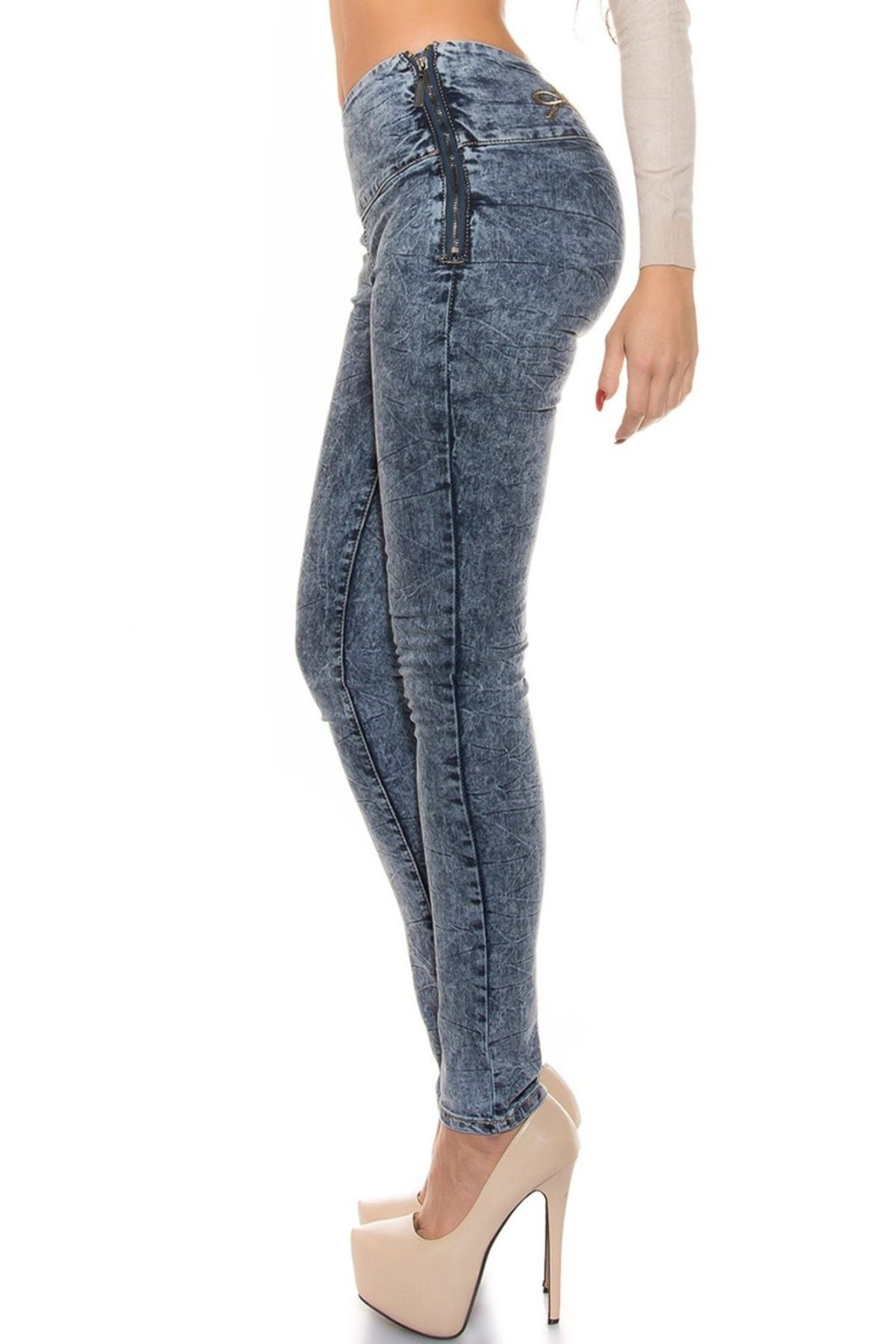 Jean à la coupe ajustée présente un motif délavé à l'acide avec des fermetures éclair décoratives aux poches avant qualité tissu jeans légère été 