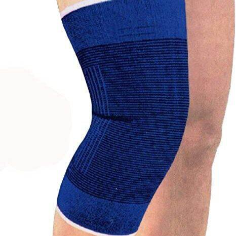 Une paire de genouillères de compression élastiques de couleur bleue, conçues pour offrir un maintien souple à l'articulation du genou.