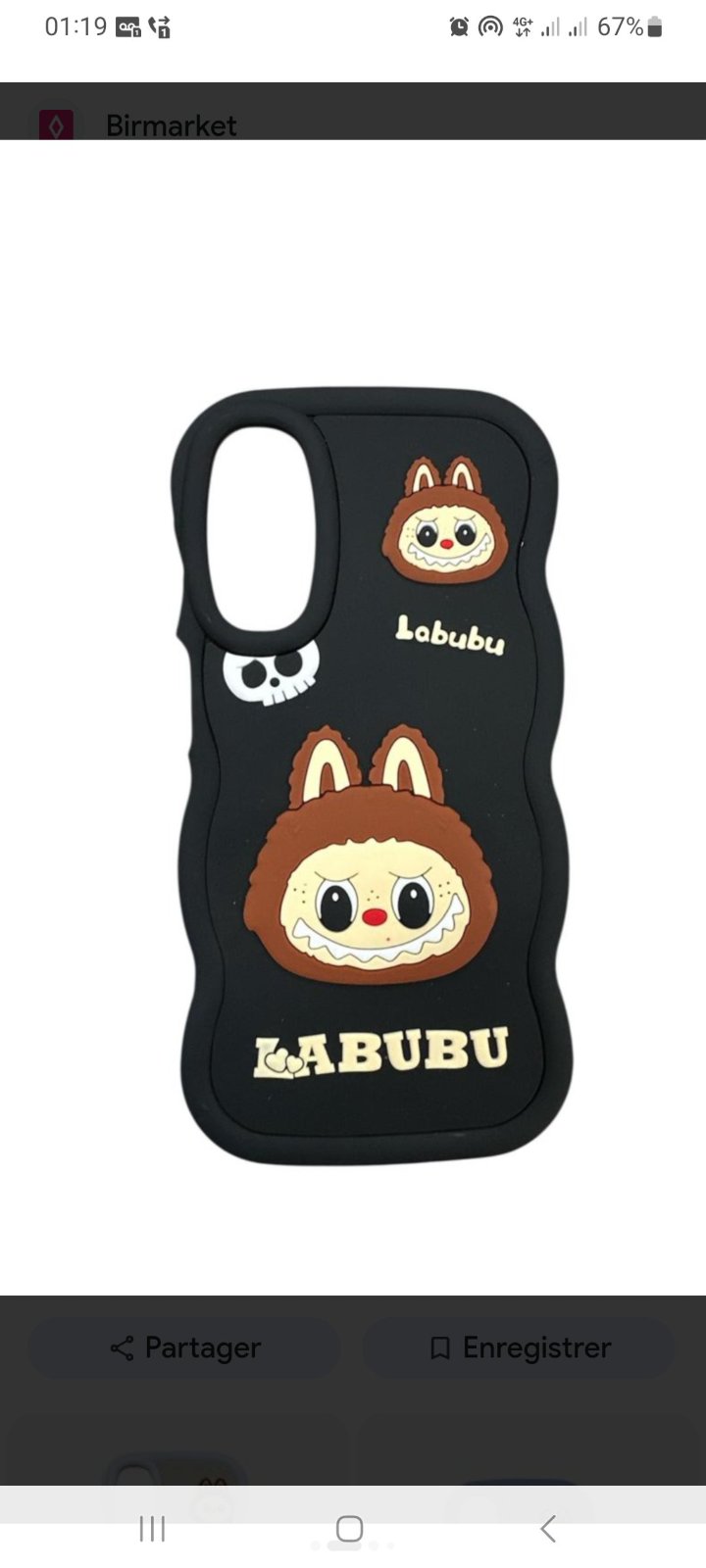 Coque de téléphone noire en silicone présente un motif 3D du personnage Labubu avec des détails blancs et brun Samsung A17