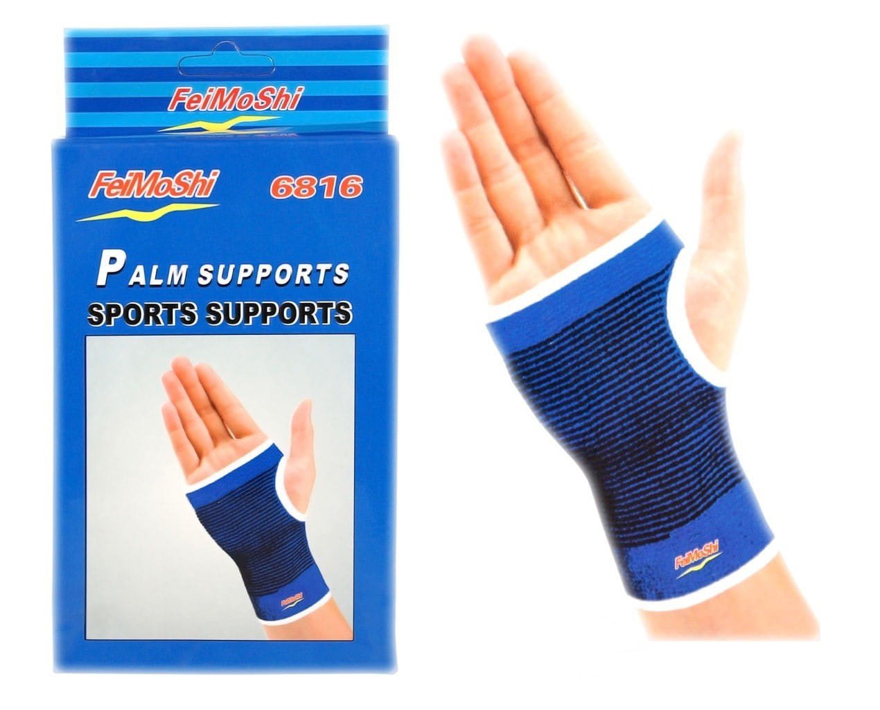 Orthèse de poignet de la marque FeiMoShi présente un design bleu et noir avec une structure élastique pour un maintien compressif