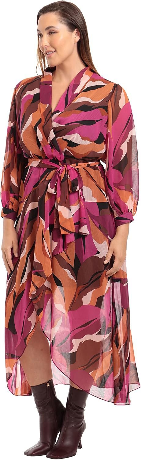 Robe Donna Morgan présente un motif abstrait fuchsia vif et noir avec une coupe portefeuille sans ceinture 