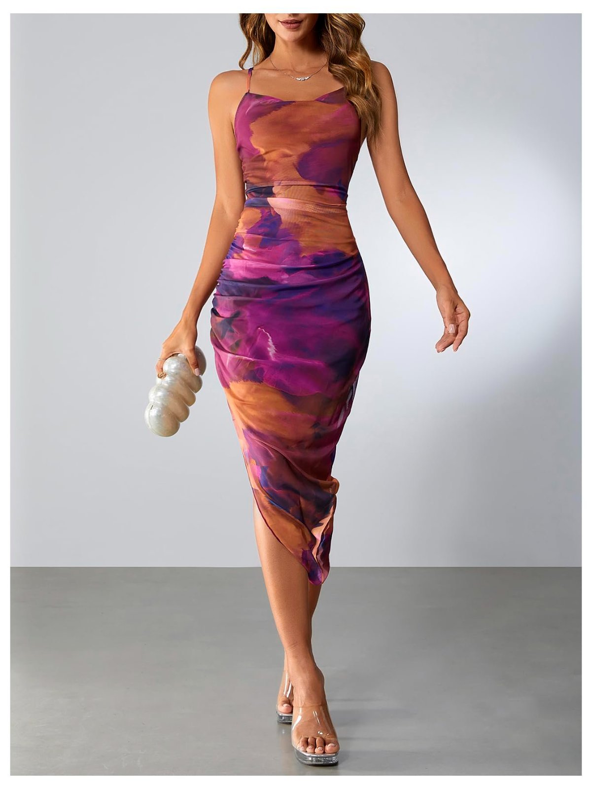 Robe est une SHEIN BAE Tie Dye Draped Collar Split Thigh Cami Dress