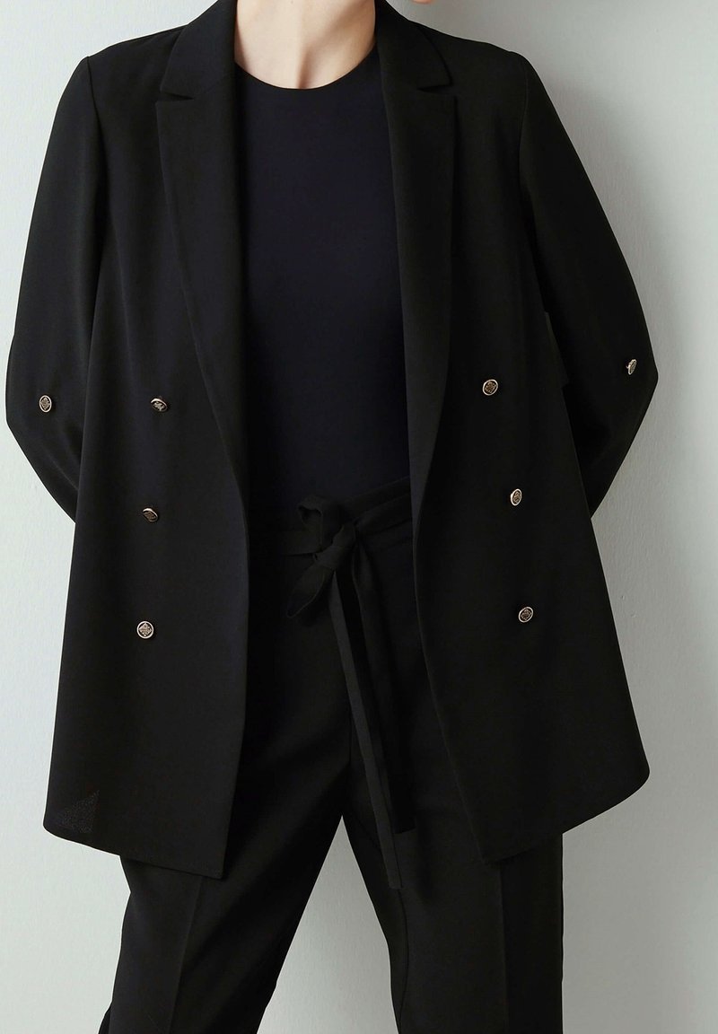 Blazer noir de style croisé, similaire à des modèles proposés par des marques comme Ipekyol ou Blazé Milano. 