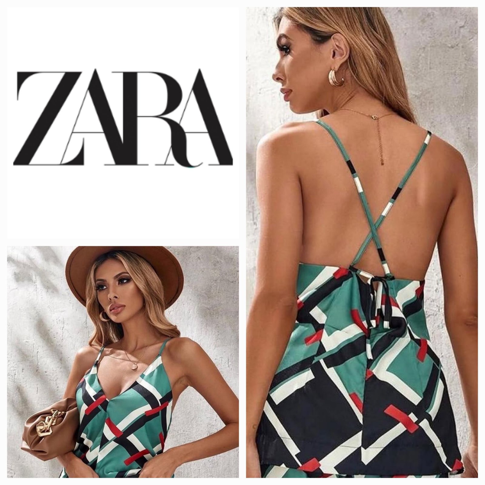  haut est un caraco Zara avec un imprimé géométrique, des bretelles croisées dans le dos et un col en V profond.