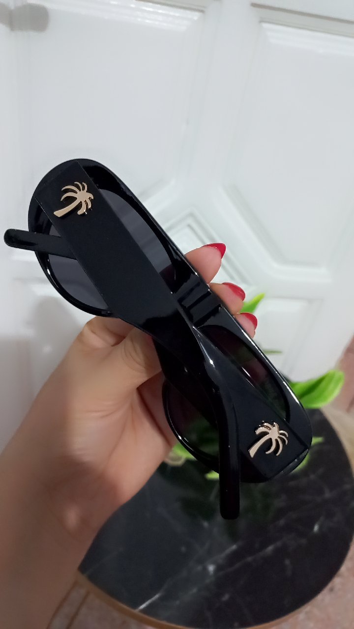 Lunettes de soleil en acétate noir proviennent de la marque Palm Angels, reconnaissables à leur emblématique logo de palmier doré apposé en relief sur les branches épaisses