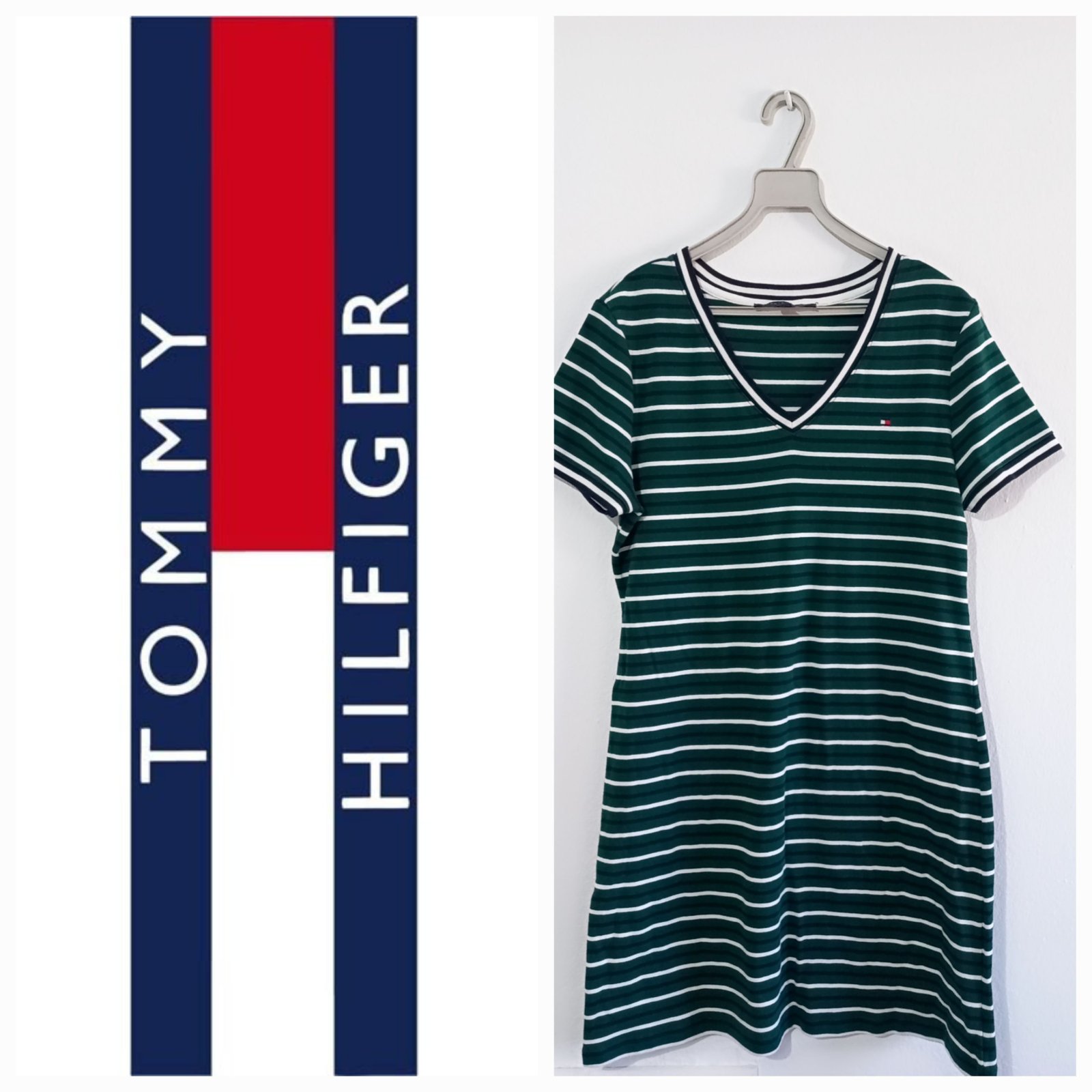 Robe rayée verte Tommy Hilfiger est dotée d'un col en V avec des détails contrastants et d'un petit logo brodé sur la poitrine tlabess M/L authentique bil code série 