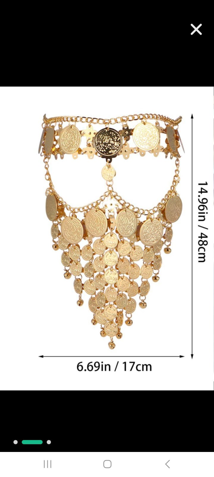 Voile de visage à chaînes et pièces dorées, inspiré des bijoux de danse orientale avec un motif de franges en cascade.