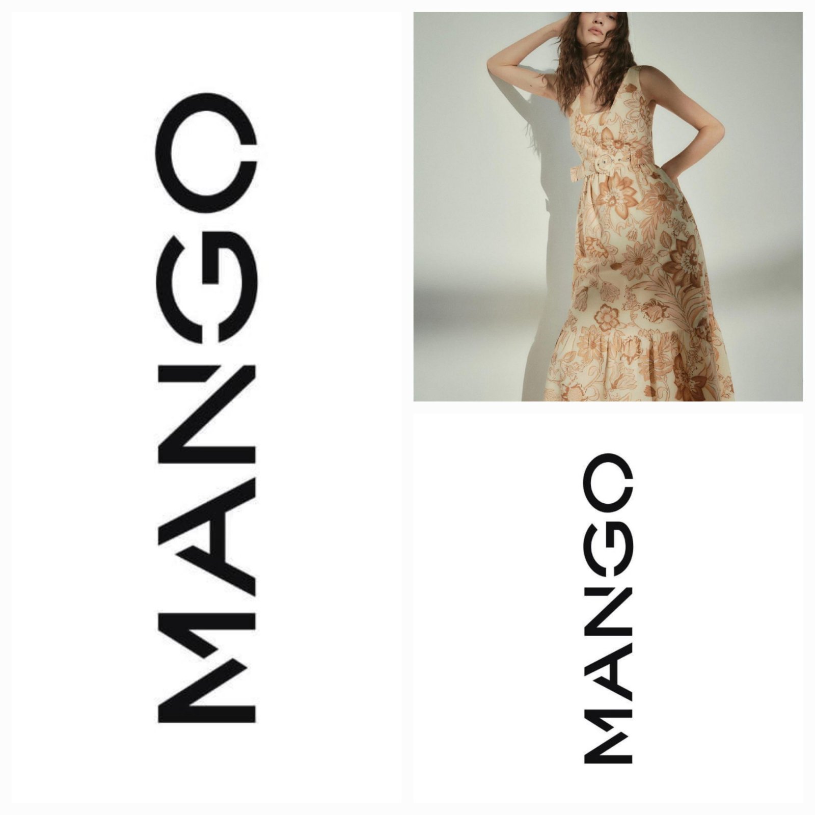  robe longue Mango en coton beige présente un imprimé floral orangé et une coupe évasée sans ceinture 