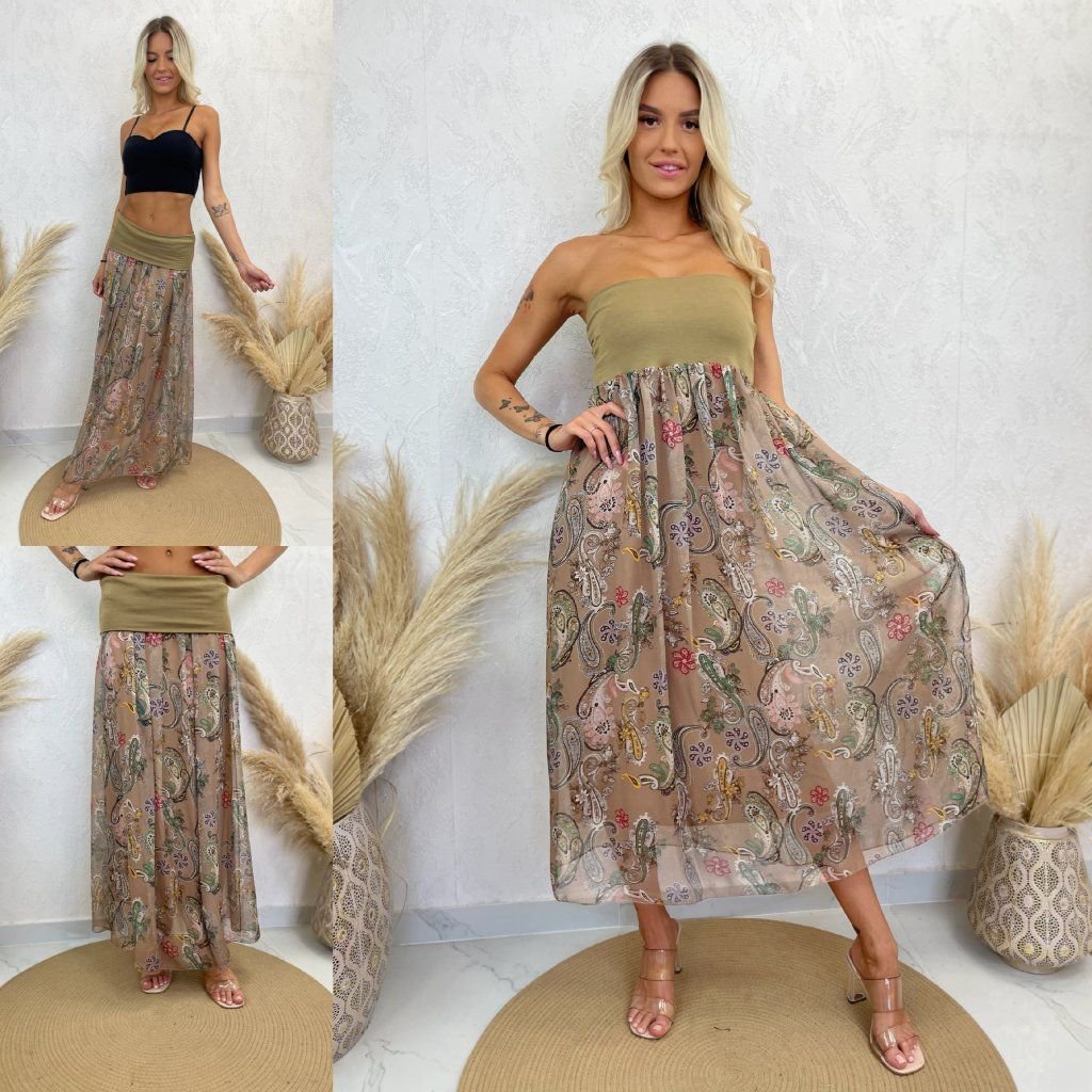 Une jupe  longue ou une robe bustier à imprimé cachemire de style bohème, parfaite pour l'été.