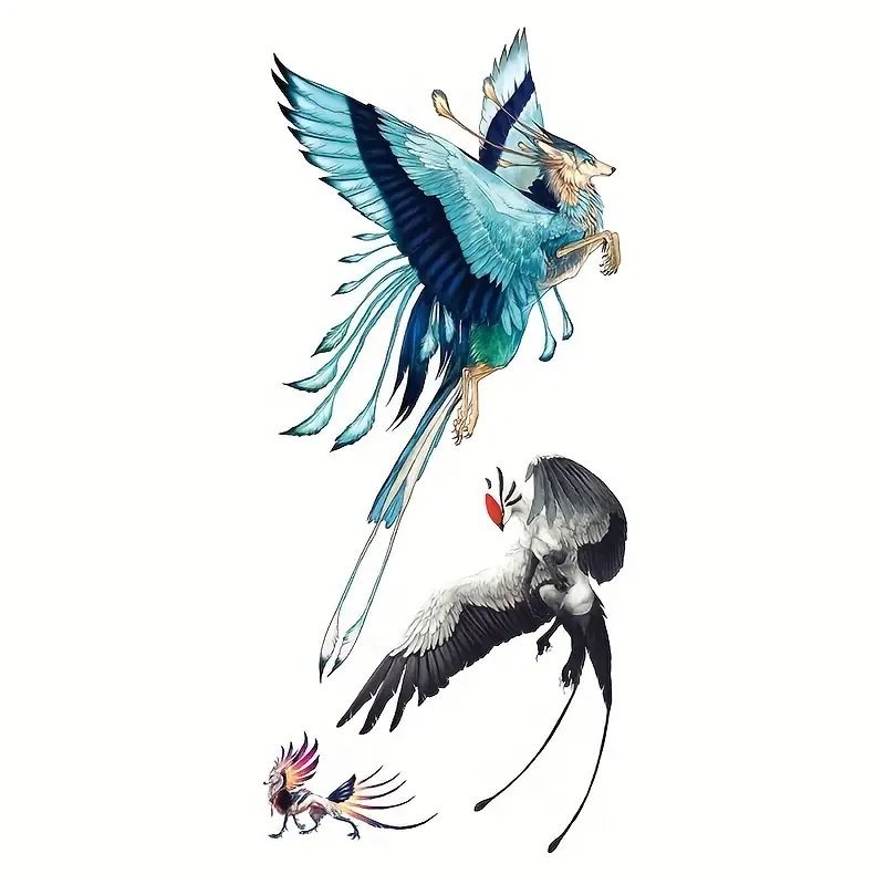 Planche de tatouages temporaires représente des créatures mythiques colorées,