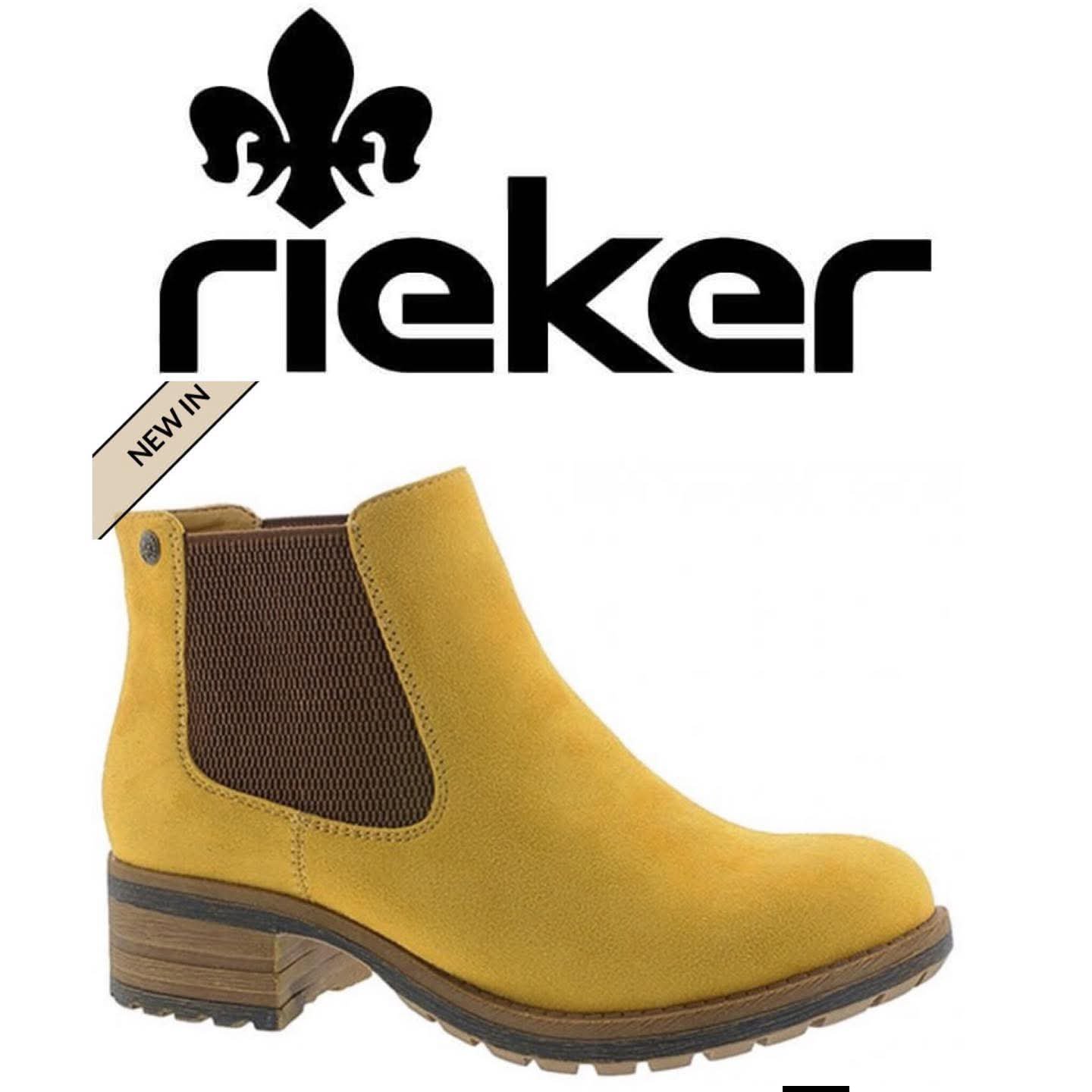 Une bottine (Chelsea boot) Rieker 96884-68 en suède synthétique jaune soleil.