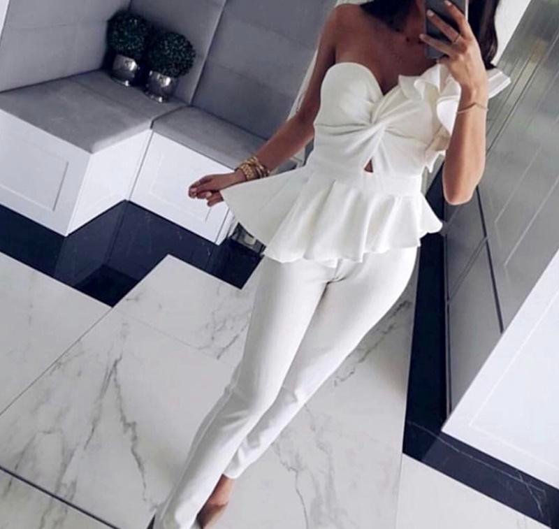  une combinaison asymétrique blanche avec basque tji mta3 fiançaille wla mounasba tlbess 36/38