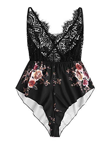 Un body en dentelle noire et satin avec des motifs floraux
