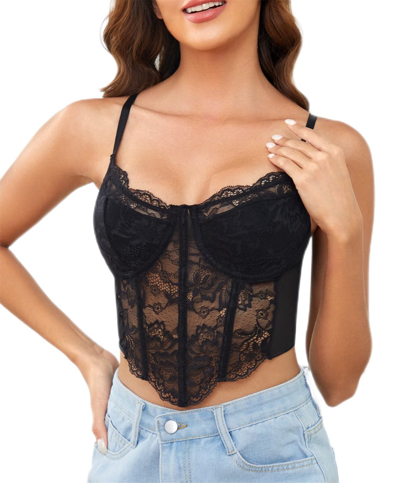 Un haut bustier corset noir en dentelle avec des bretelles réglables et des bonnets à armatures taille 38 