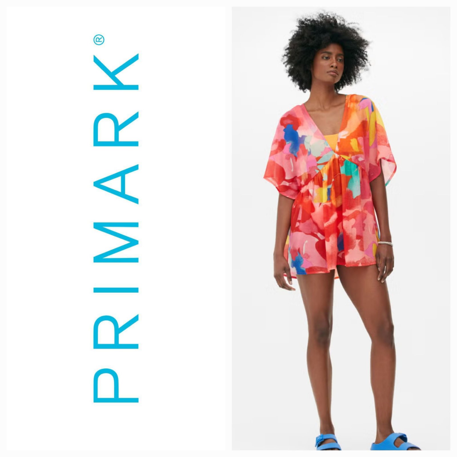Kimono de plage de chez Primark arbore un motif abstrait multicolore vibrant avec des manches chauve-souris.