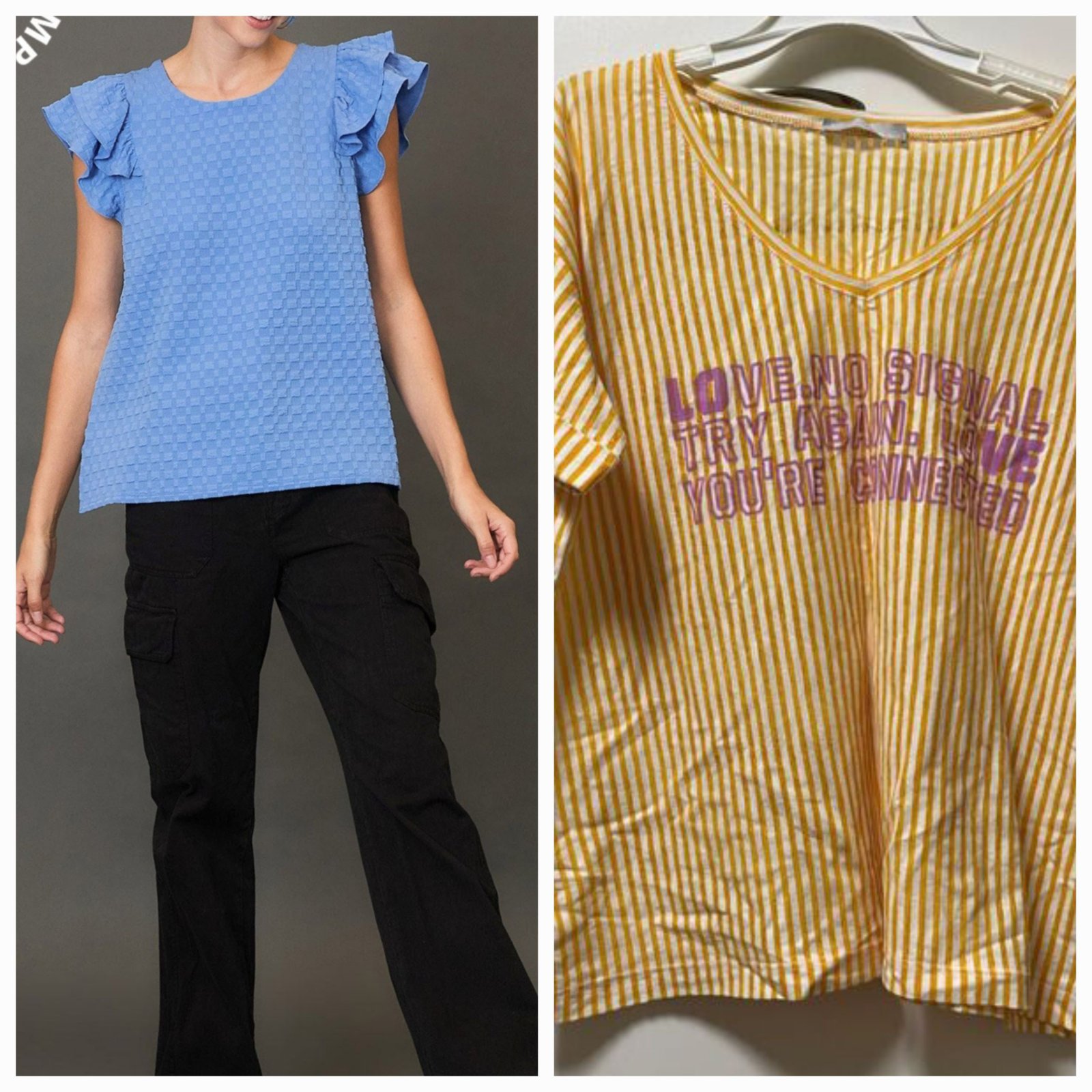 T-shirt rayé jaune et blanc de la marque Zara + t shirt bleu 