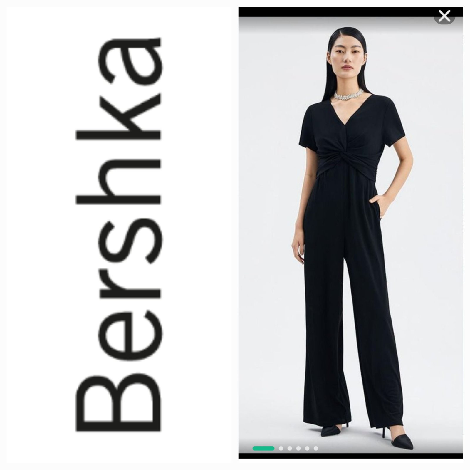 Combinaison noire Bershka présente un décolleté en V profond avec un détail noué sur le devant tlbess 36/38