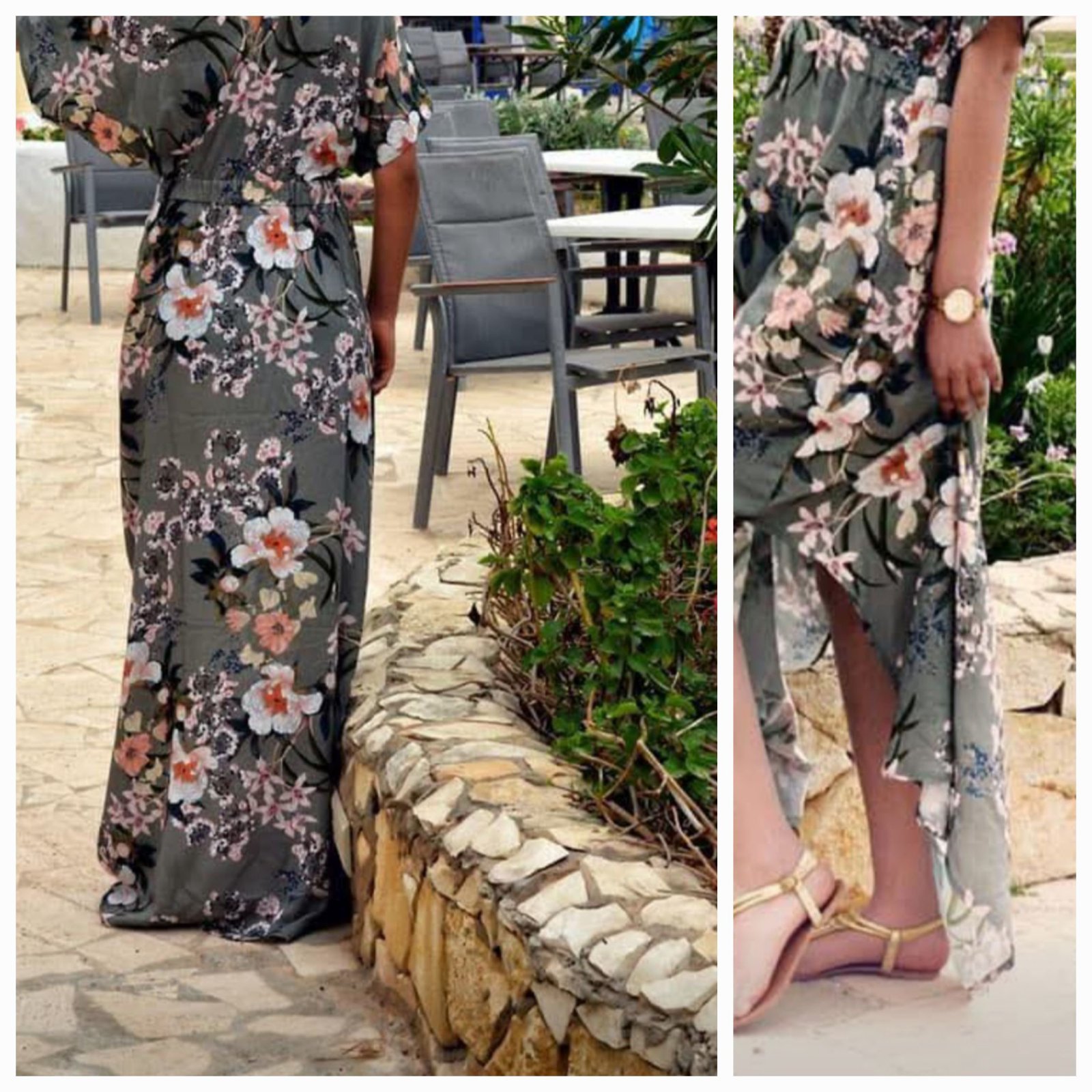 Robe maxi fluide présente un col en V subtil, des manches courtes et un imprimé floral complet mêlant des teintes roses, blanches et vertes sur un fond gris anthracite.    