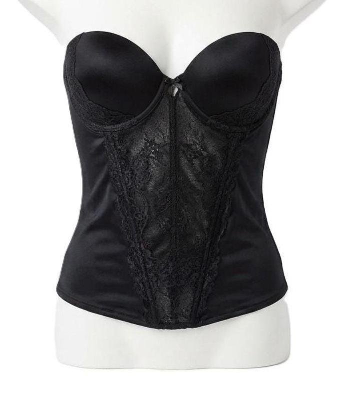 Élégant bustier corset noir sans bretelles, doté de bonnets en dentelle texturée et de panneaux latéraux en satin soyeux 36/38
