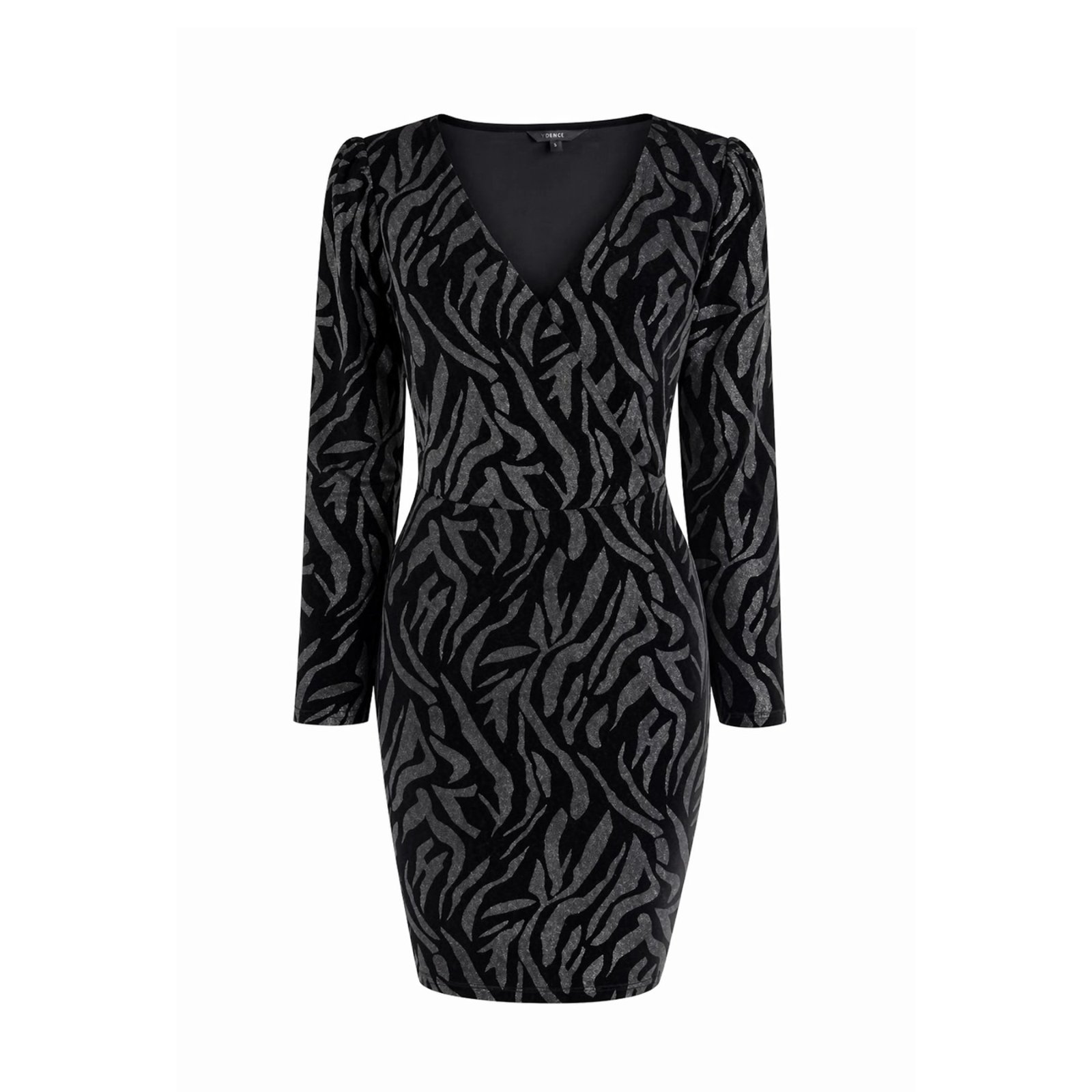 Une robe moulante noire à manches longues et col en V, agrémentée d'un motif texturé subtil aux reflets métalliques.    