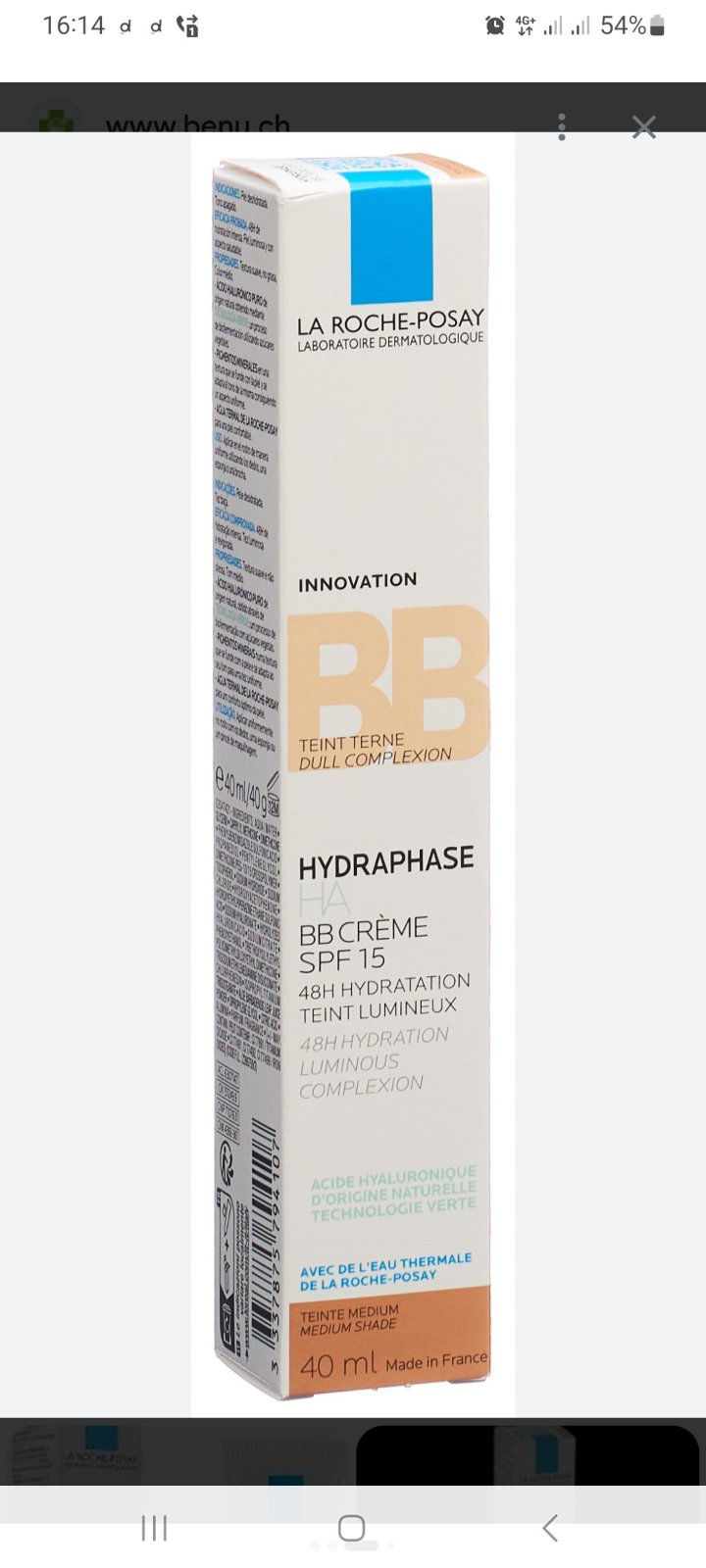 Boîte de La Roche-Posay Hydraphase HA BB Crème en teinte medium offre une hydratation de 48 heures tout en unifiant le teint.