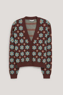 Un gilet court en maille marron à motif floral bleu et blanc tlbess hat L