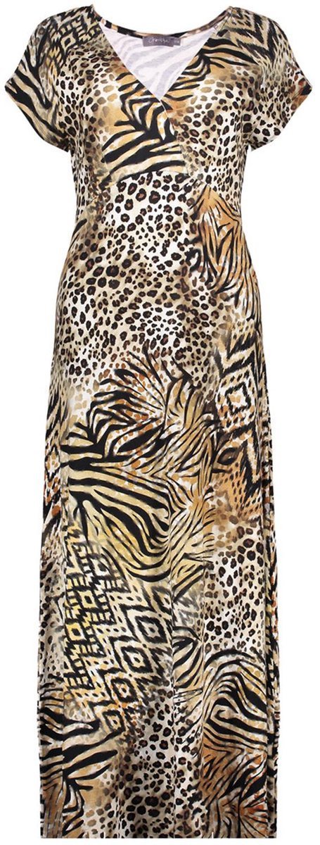 Robe longue à manches courtes arbore un imprimé animalier dans des tons beige et noir, dotée d'un décolleté en V. 