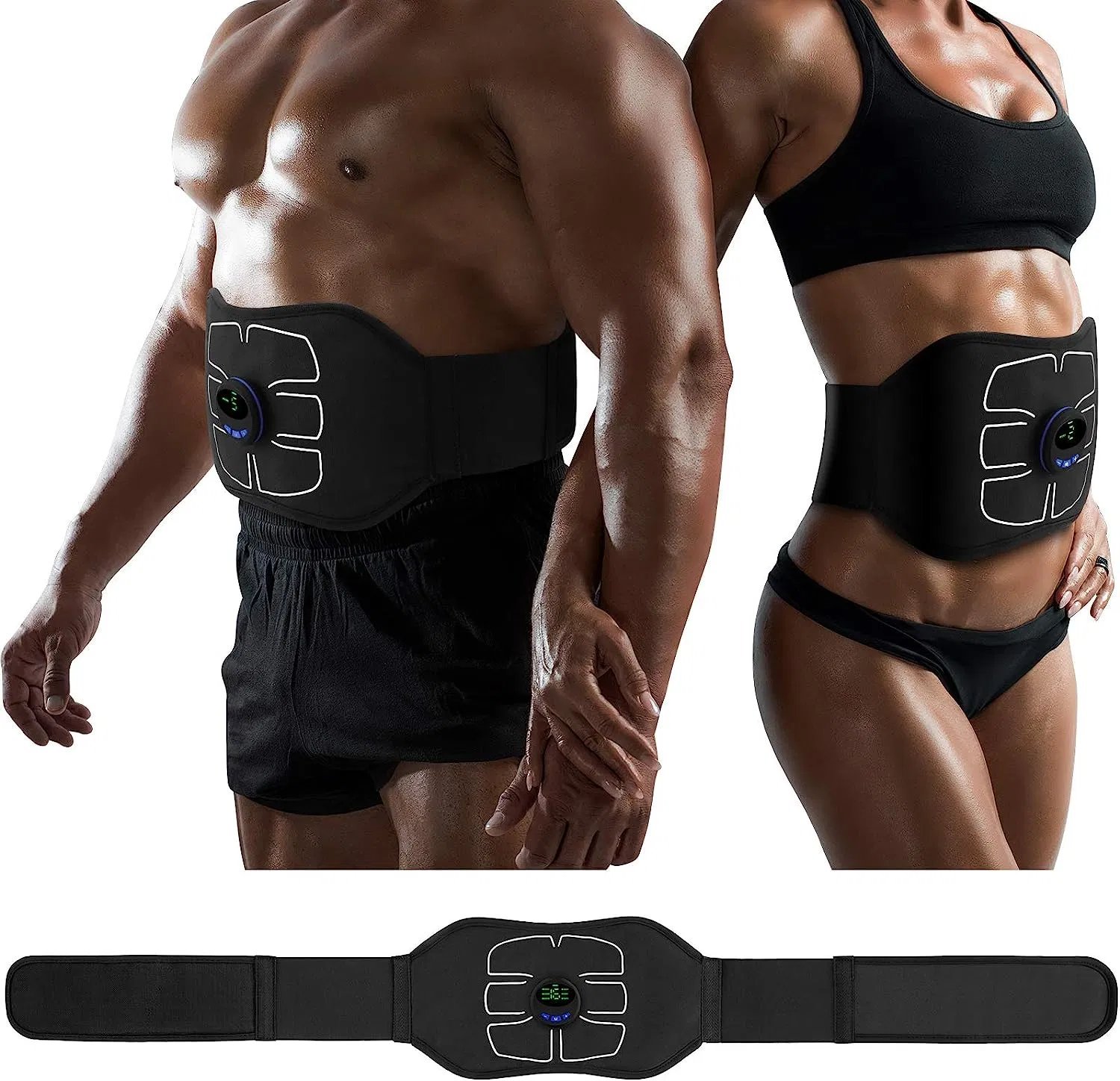 Une ceinture de tonification abdominale avec technologie EMS, affichant 6 modes et 9 niveaux d'intensité tlbes min 38 hata 42