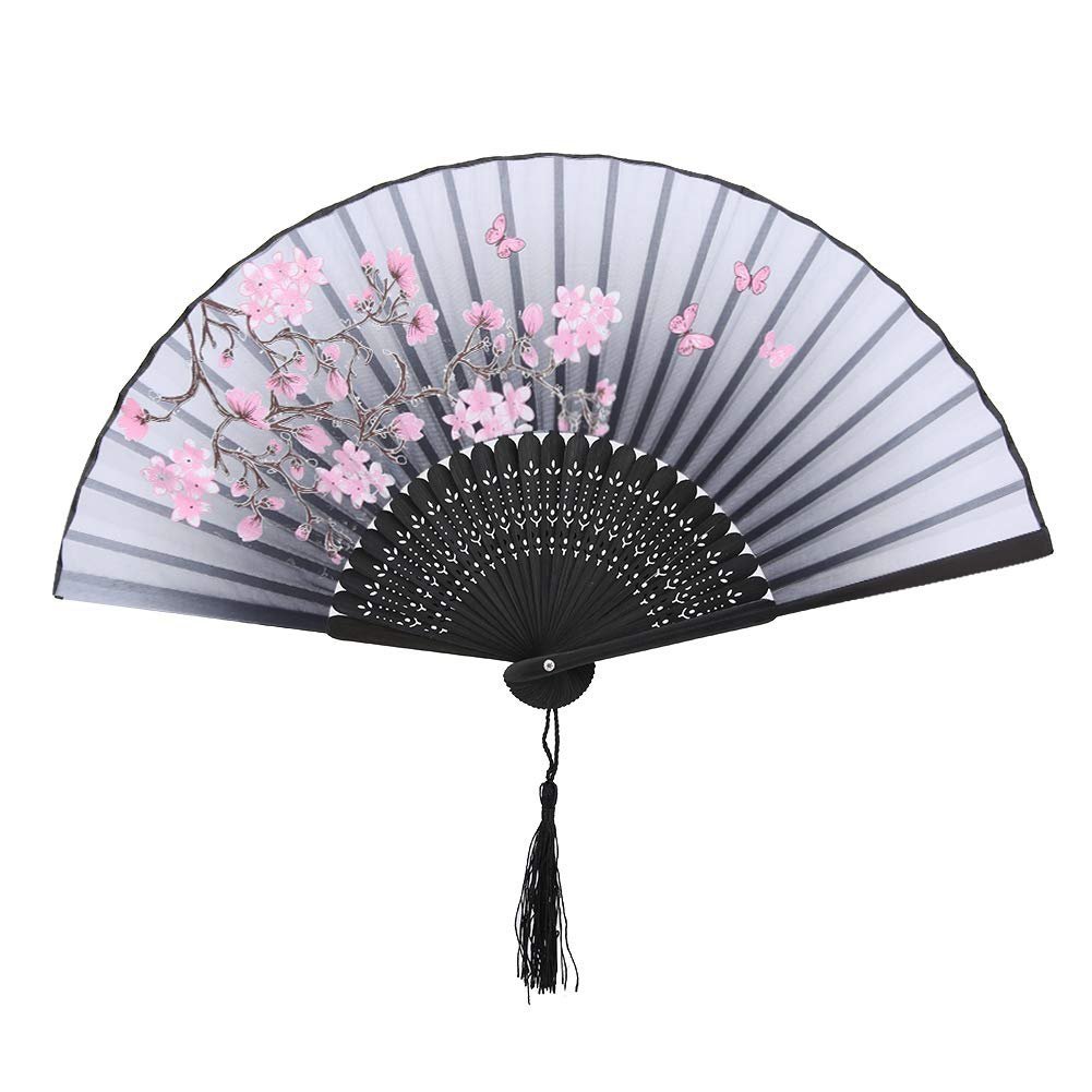 Éventail gris est orné de délicates fleurs roses et de papillons, parfait pour ajouter une touche d'élégance à n'importe quelle tenue.