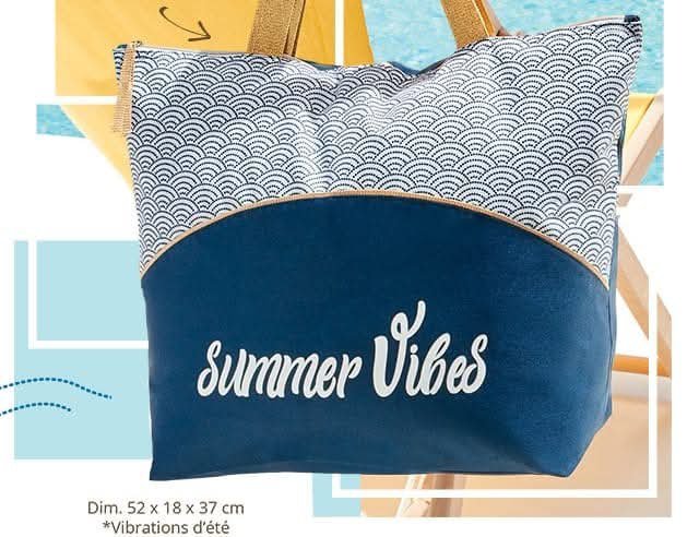 Grand sac de plage Yves Rocher, arborant l'inscription "Summer Vibes" et des anses dorées, est idéal pour les journées d'été à la mer ou à la piscine