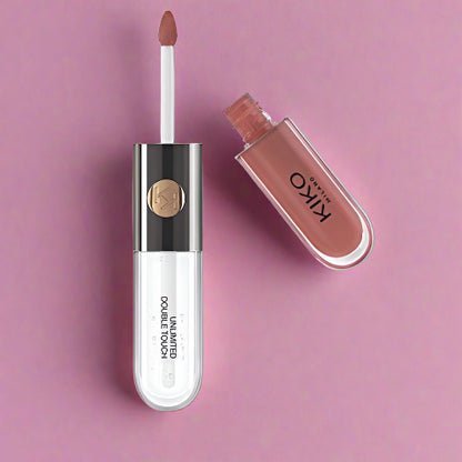 Rouge à lèvres liquide KIKO Milano Unlimited Double Touch en teinte 103 Natural Rose offre une combinaison de couleur intense et d'un gloss transparent pour un fini brillant