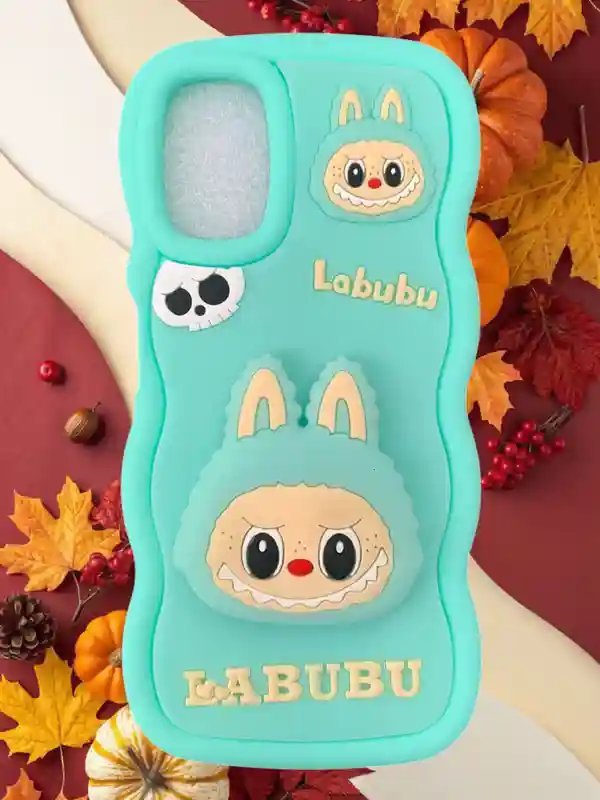 Coque en silicone bleu clair présente un motif 3D Labubu, conçue pour protéger le téléphone des chocs et de la poussière Samsung A56