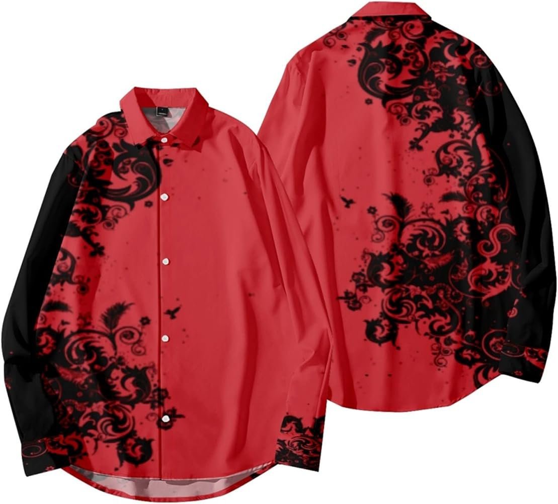 Chemise  décontracté est ornée d'un motif floral noir contrastant sur un fond rouge vif,