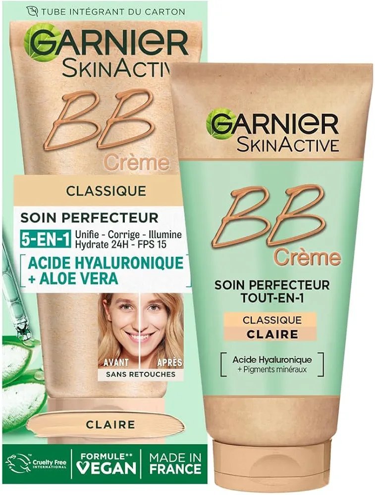 Soin perfecteur tout-en-1 Garnier SkinActive BB Cream Classic en teinte claire/moyenne, présenté dans un tube de 50 ml