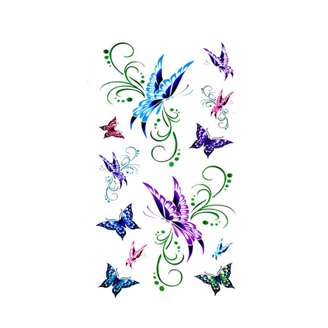 Tatouages temporaires affichent des motifs de papillons détaillés dans des tons bleus, violets et verts