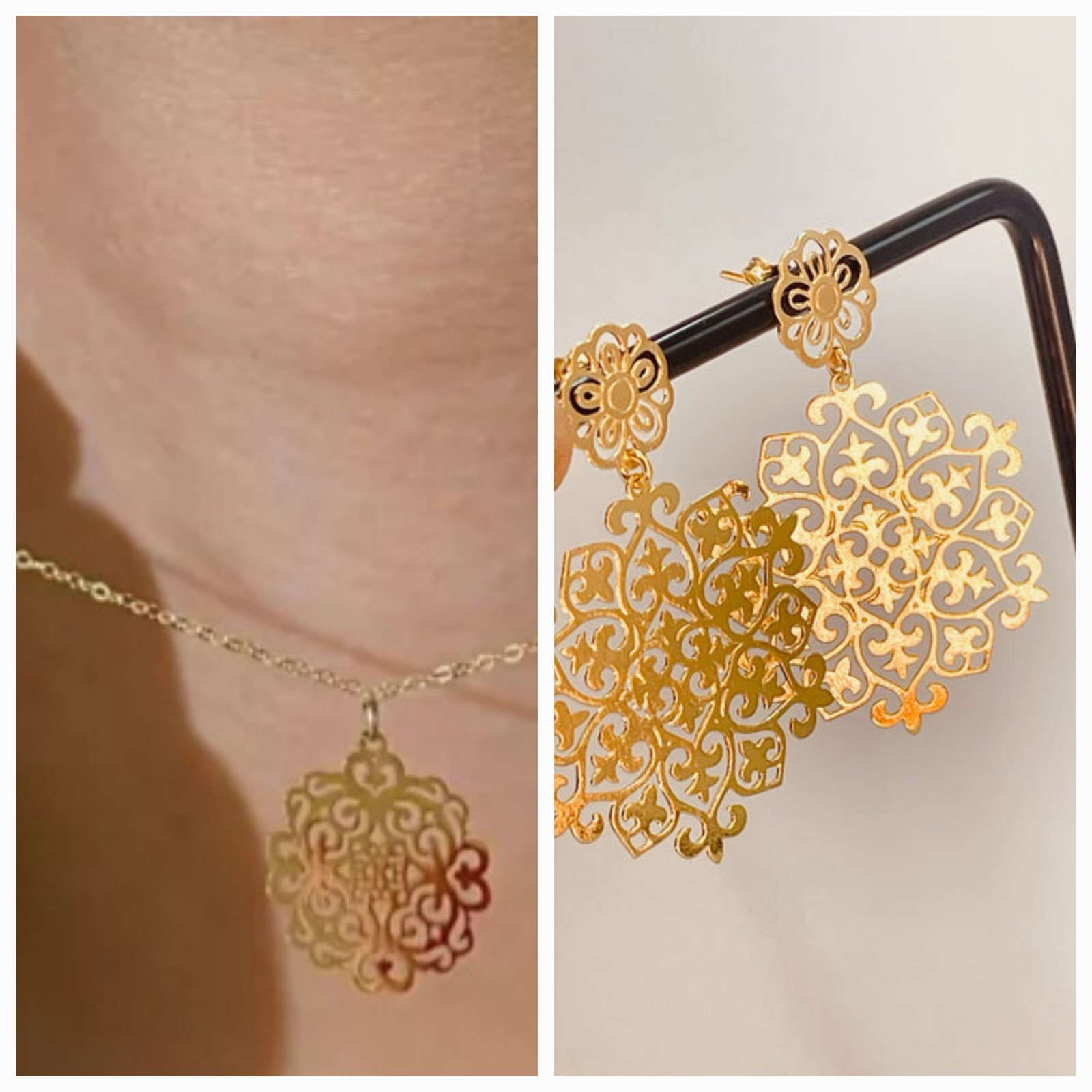Ensemble de bijoux dorés en métal ciselé de style bohème ou traditionnel oriental comprend une fine chaîne à pendentif rosace et sa paire de boucles d'oreilles pendantes assorties, toutes ornées de motifs floraux ajourés complexes en filigrane.
