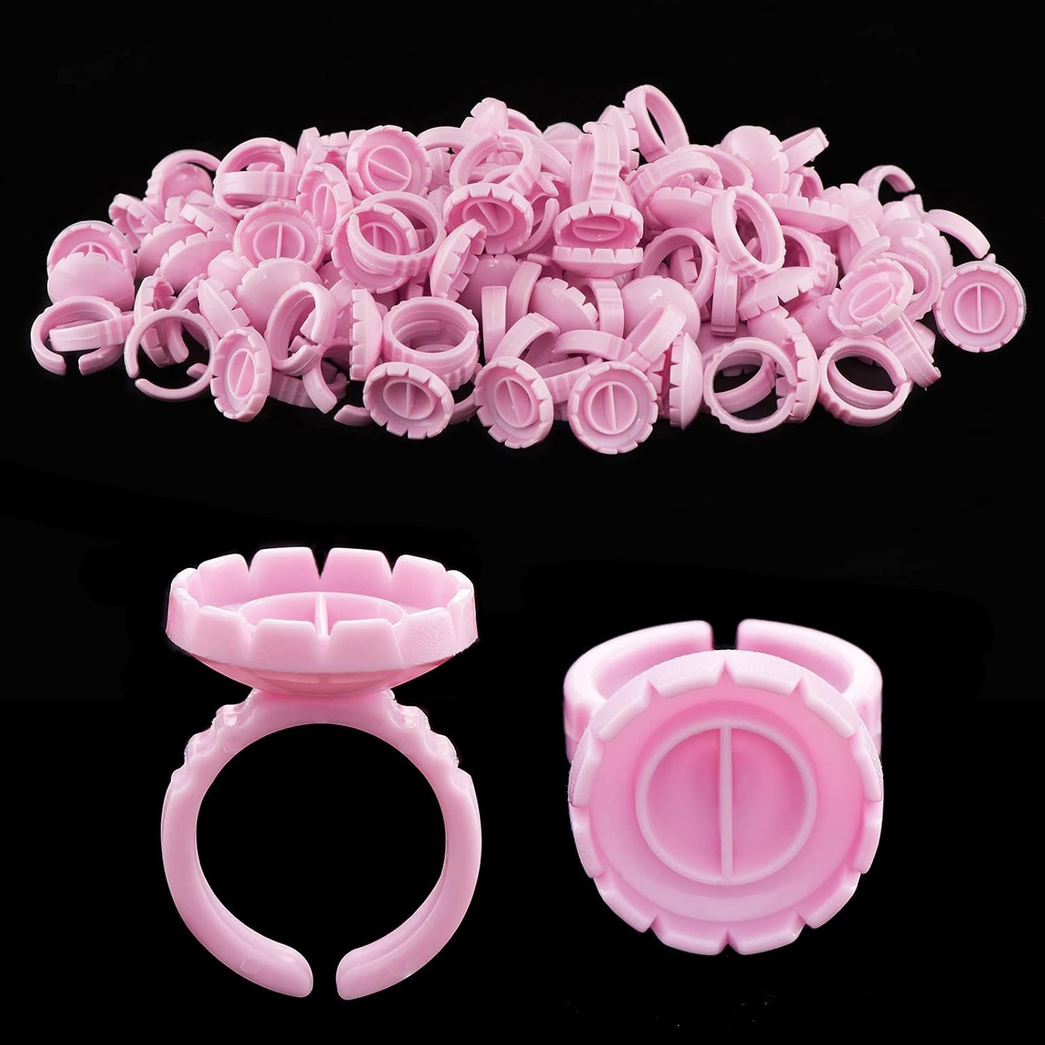 Sachet de 100 anneaux porte-colle jetables de couleur rose, conçus en plastique pour les extensions de cils ou le microblading