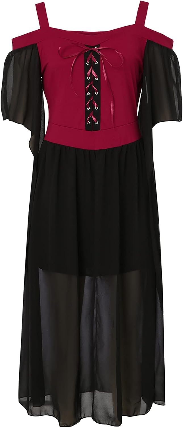 Robe de costume médiéval ou Renaissance de la marque dPois, de couleur bordeaux et noire, présente des manches évasées en mousseline et un laçage corset sur le devant.